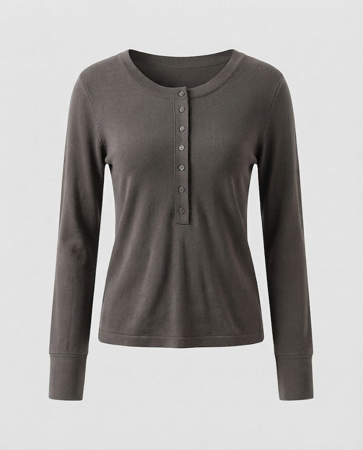Damen Feines Langarm-Henley aus Feinstrick mit knöpfbarer Mittelblende und schmaler Passform Drune