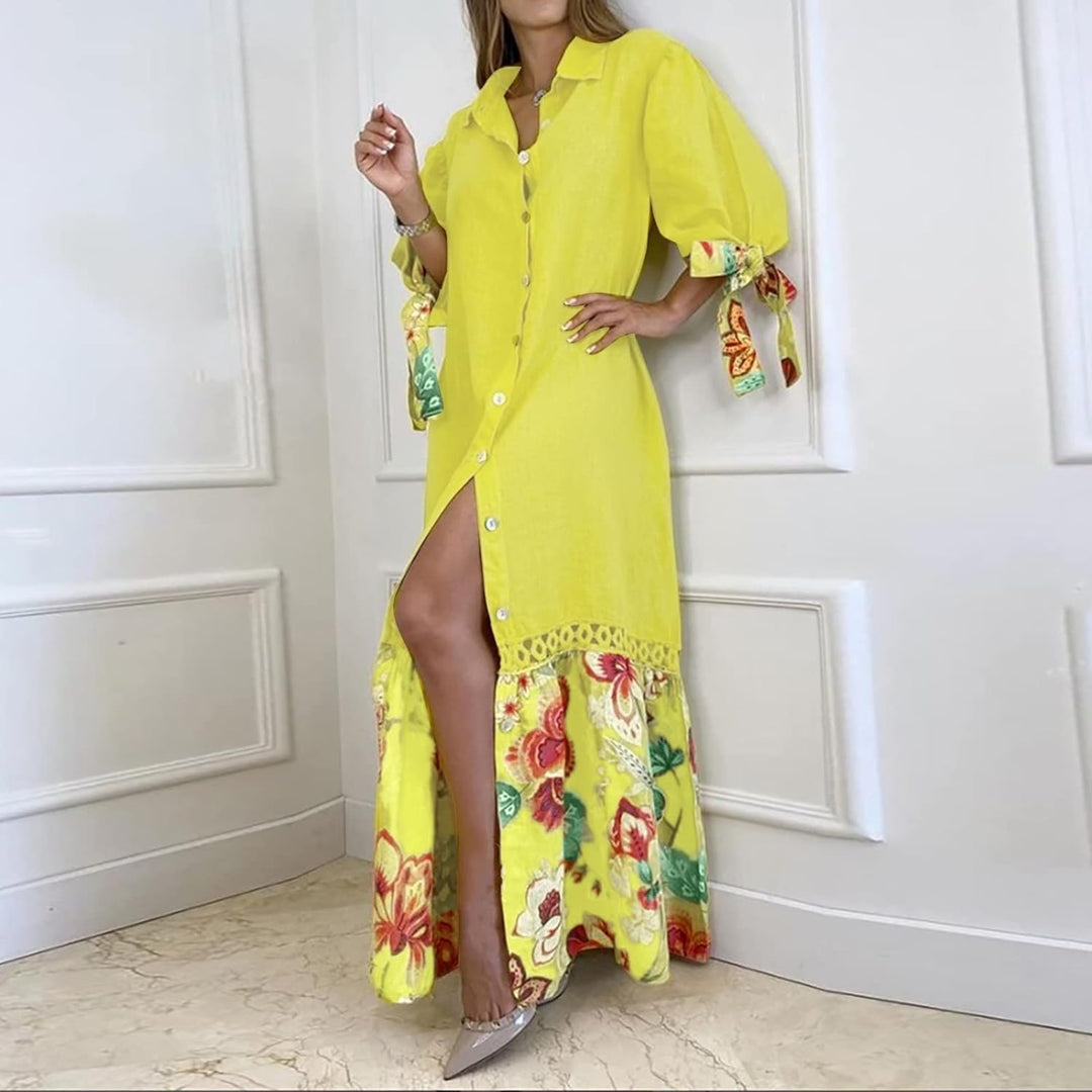 Drune | Maxikleid mit Knopfleiste und Blumenmuster am Saum