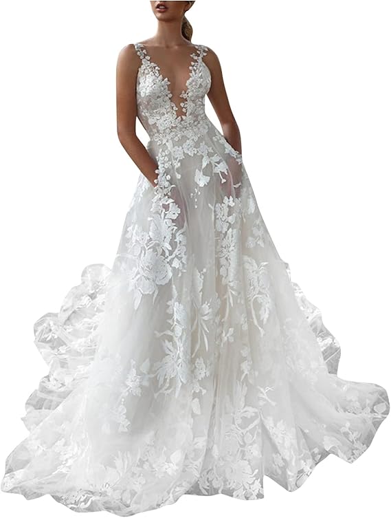 Damen Hochzeitskleid mit floralen Spitzenapplikationen und tiefem V-Ausschnitt Drune