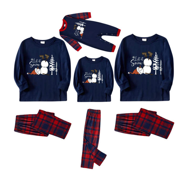 Drune | "Lass es schneien" Slogan und Schneemann bedruckte rote und blaue karierte Weihnachts-Matching-Pyjamas