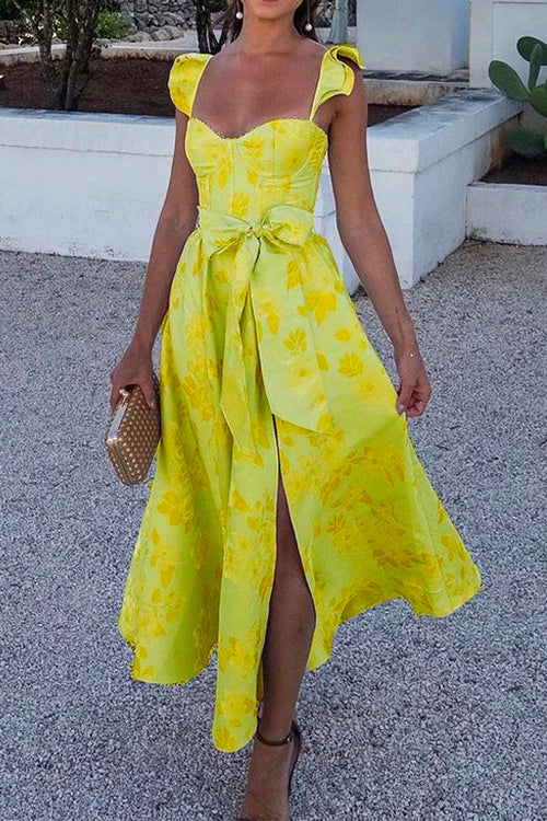 Drune | Rosiedress Rüschenschulter Schleife Knoten Taille Schlitz Bedrucktes Vintage Party Kleid