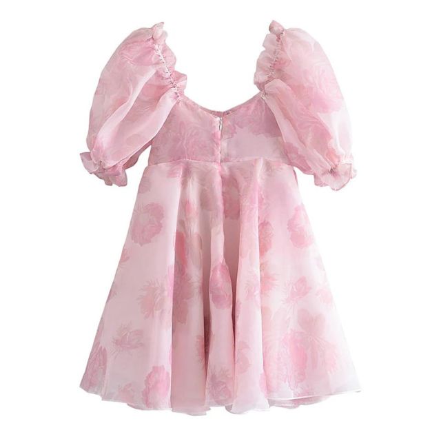 Drune | Organza-Kleid mit Blumenmuster und Puffärmeln sowie Herzausschnitt