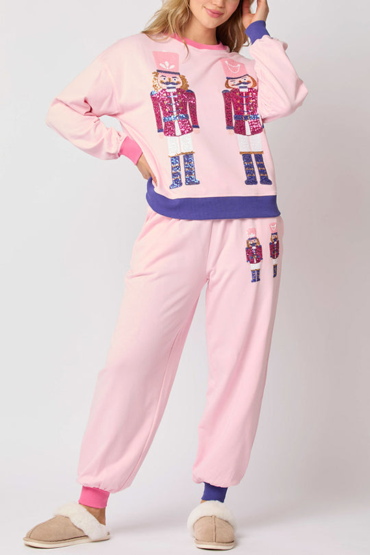 Drune | Weihnachtsmann Pailletten Freizeit Sweatshirt und elastische Taillen lockere Taschenhose Set
