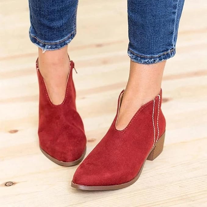 Drune | Damen Wildleder Ankle Boots mit Niedrigem Blockabsatz, V-förmiges Design, Reißverschluss