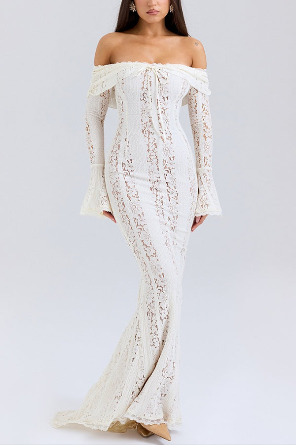 Drune | Blumen Spitze Off Shoulder Flare Ärmel Fishtail Maxi Kleider - Weiß
