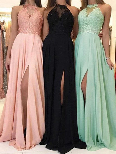 Drune-Fashion Spitze, seitlich geteilt, Neckholder, Rundhalsausschnitt, ärmellos, Damen, Strandkleid, Spitzenkleid, Abendkleid, Maxikleider