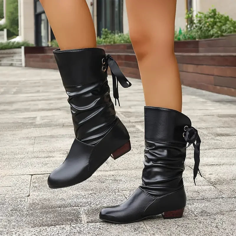 Drune | Damenmode Schnürung Chunky Heel Stiefel Bis Zur Wade