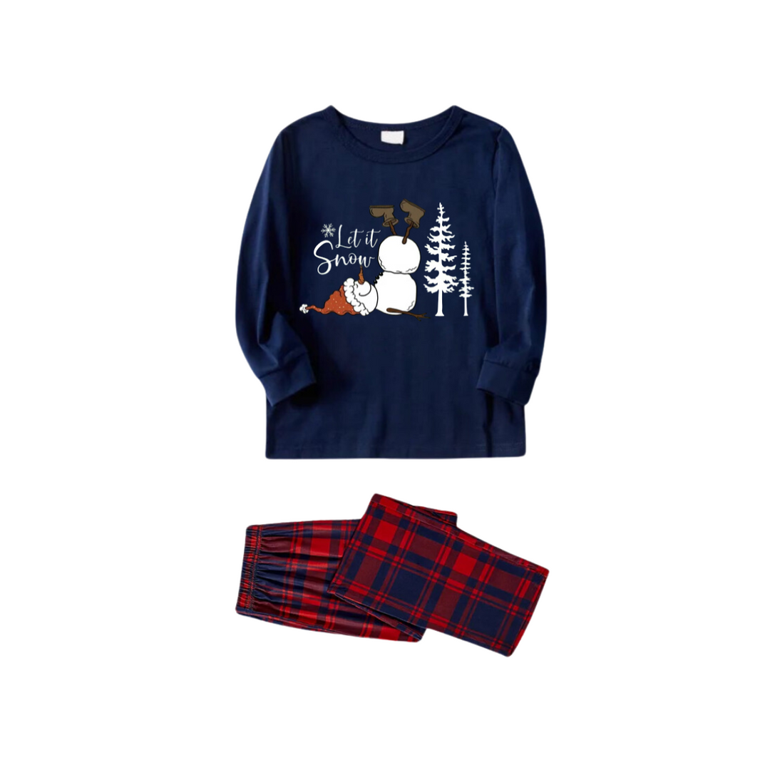 Drune | "Lass es schneien" Slogan und Schneemann bedruckte rote und blaue karierte Weihnachts-Matching-Pyjamas