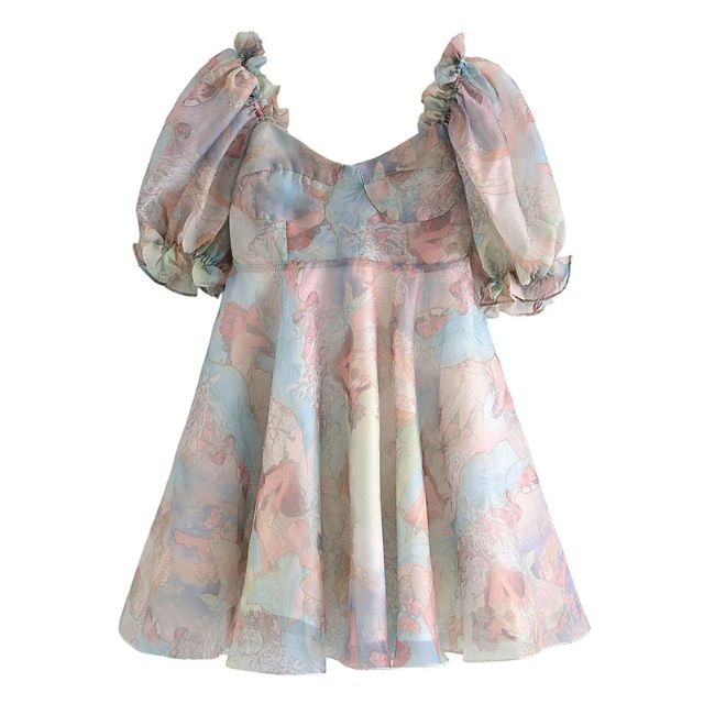Drune | Organza-Kleid mit Blumenmuster und Puffärmeln sowie Herzausschnitt