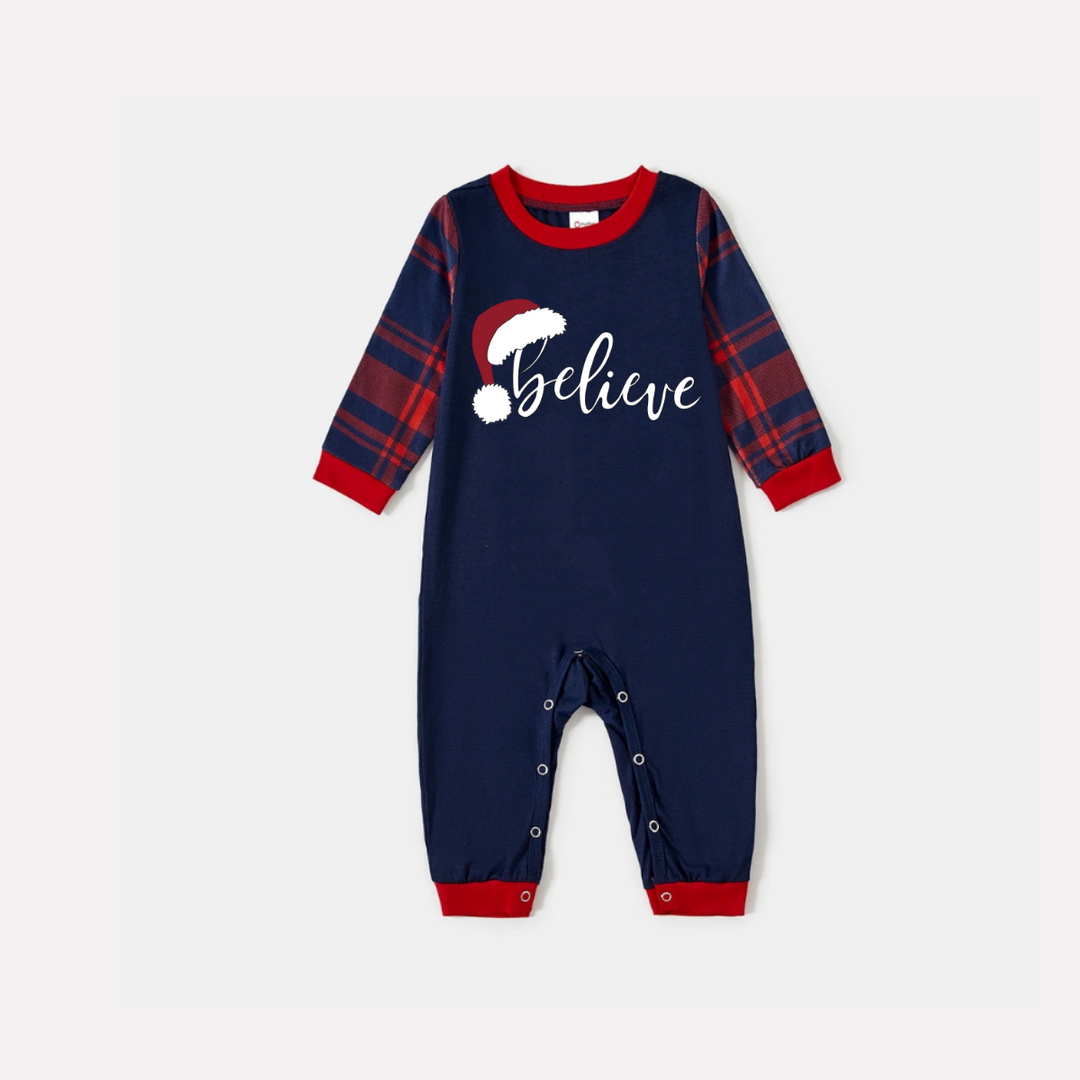 Drune | Weihnachten "Believe" Buchstaben Drucken Blau Langarmoberteil mit Rot- und Blau-Karierten Weihnachtsfamilien-Matching Pyjamas