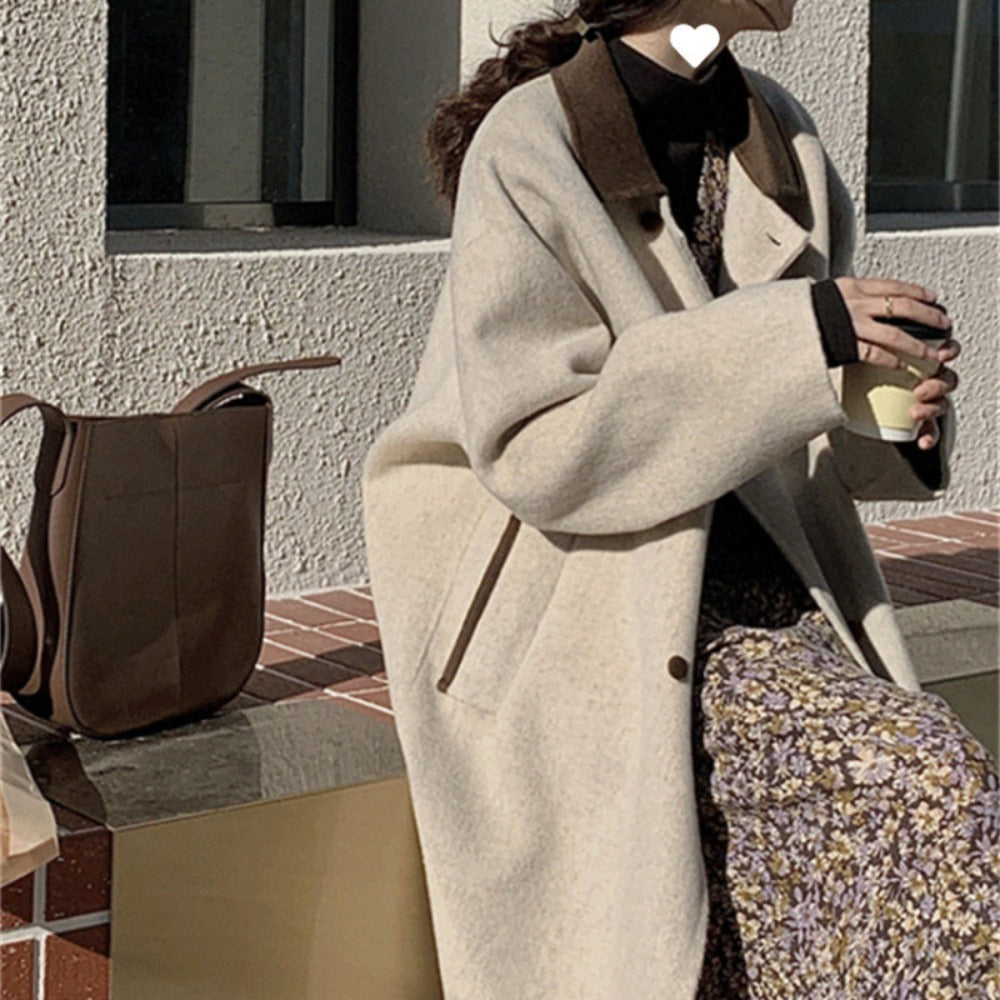 Drune | Wollmischung lange Jacke mit braunem Kragen für Damen - Ambra