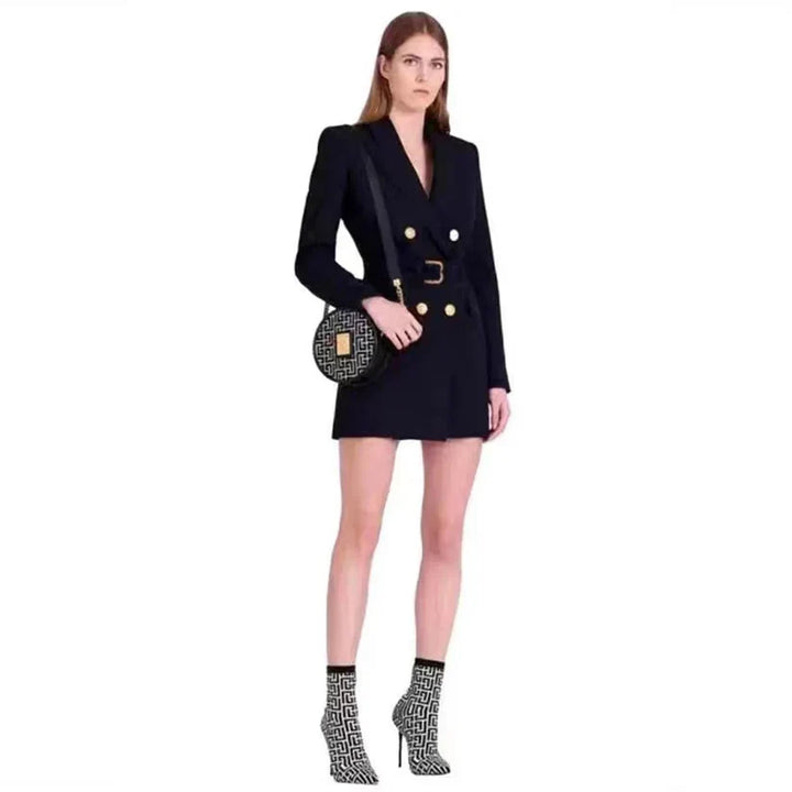 Drune | klassisches büro - blazerkleid mit gürtel und luxuriösen knöpfen