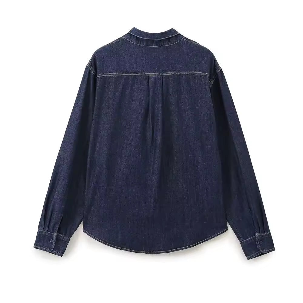 Drune | Dunkle Denim Bluse Mit Schleifenkragen