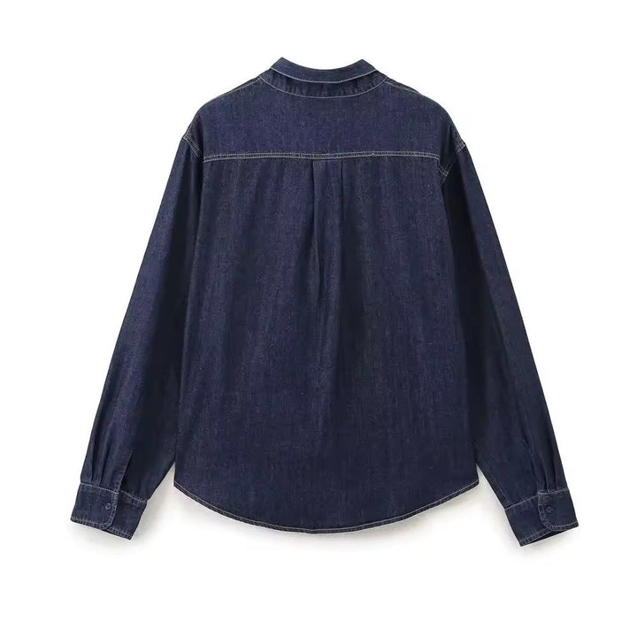 Drune | Dunkle Denim Bluse Mit Schleifenkragen