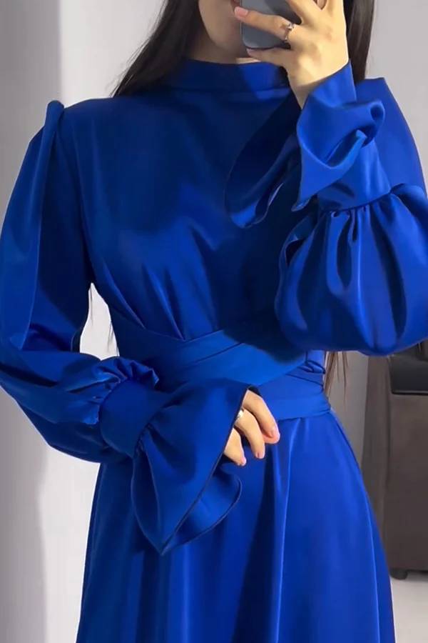 Drune | Einfarbiger Rüschensleeve Taillierter Krawatten Slim Fit Maxikleid