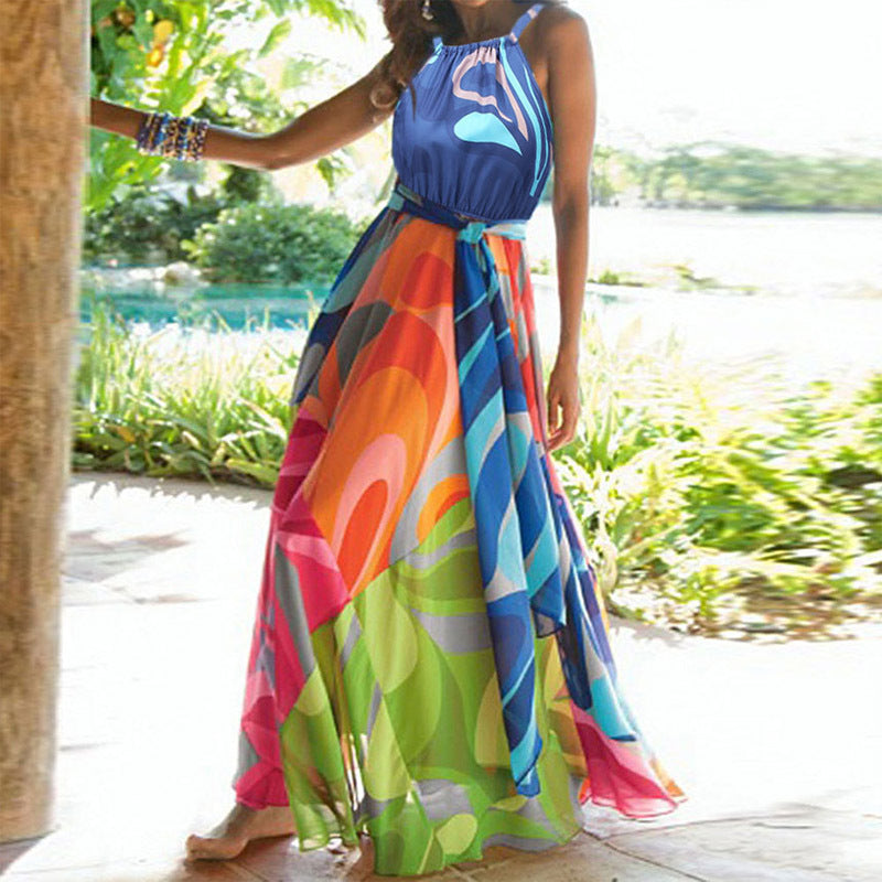 Damen Maxikleid mit buntem Fluid-Design aus fließendem Stoff und elegantem Taillengürtel Drune