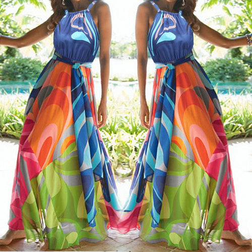 Damen Maxikleid mit buntem Fluid-Design aus fließendem Stoff und elegantem Taillengürtel Drune