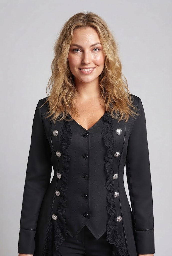 Damen elegante Frack mit Spitze Akzenten und dekorativem Knopfverschluss Drune