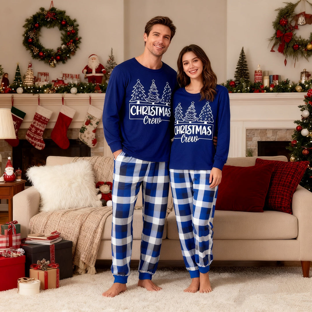 Drune | "Christmas Crew" und Bäume Blau Lange Ärmel mit Blau Karierte Paar passende Pyjamas