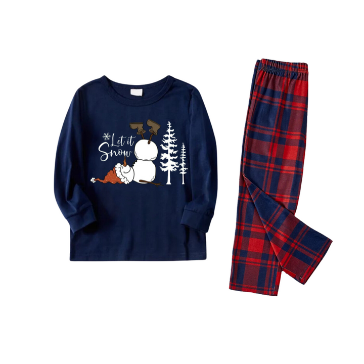 Drune | "Lass es schneien" Slogan und Schneemann bedruckte rote und blaue karierte Weihnachts-Matching-Pyjamas