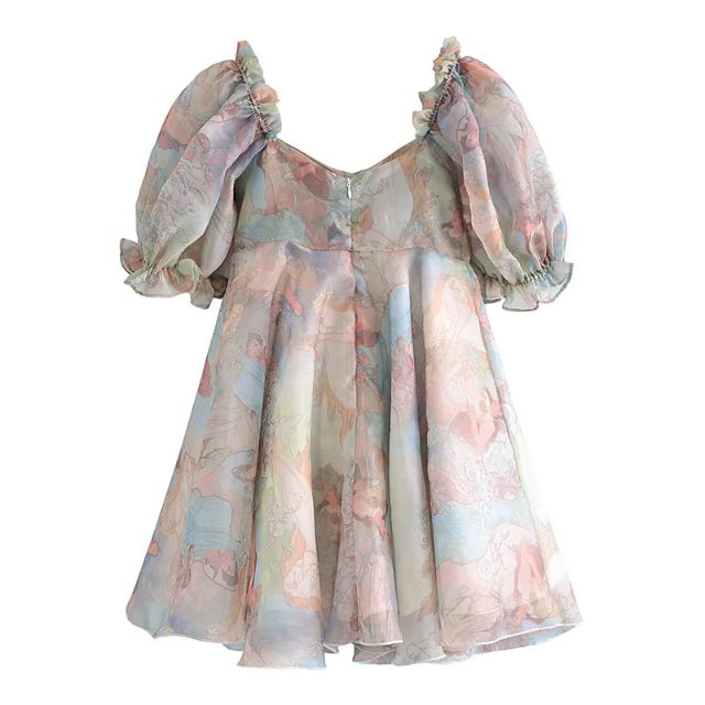 Drune | Organza-Kleid mit Blumenmuster und Puffärmeln sowie Herzausschnitt
