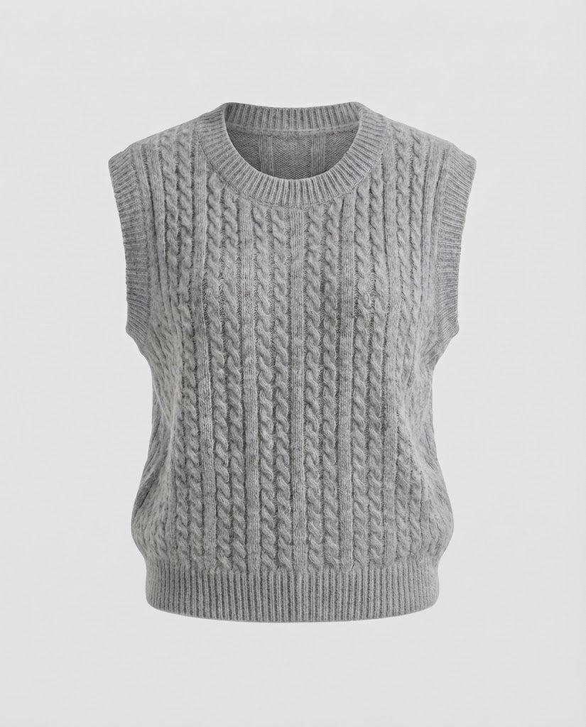 Damen Ärmellose Zopfstrick‑Weste im Mohair‑Look mit rundem Ausschnitt Drune