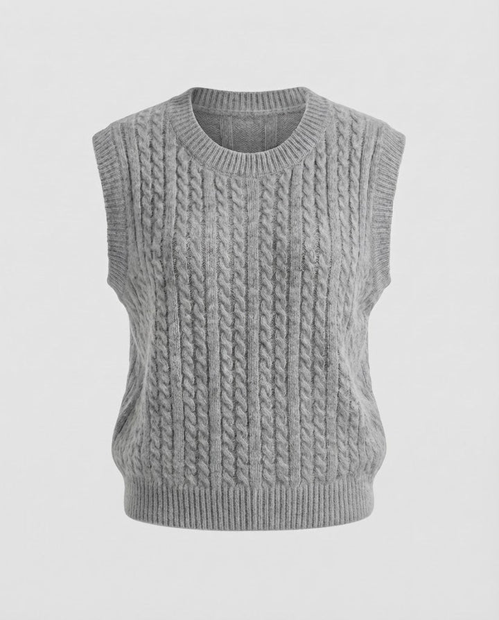 Damen Ärmellose Zopfstrick‑Weste im Mohair‑Look mit rundem Ausschnitt Drune