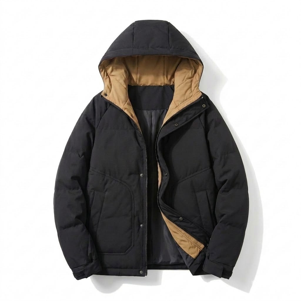 Damen kurze Thermo-Reiseparka mit Kapuze, gepolsterte Steppisolierung und kontrastierender Innenseite