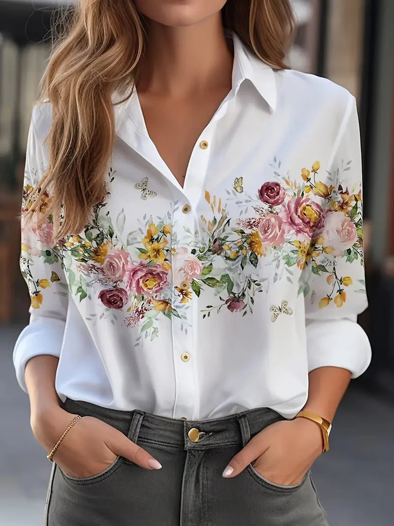 Drune | Bluse für Frauen mit Blumenmuster, Lässige Hemdbluse mit Langen Ärmeln