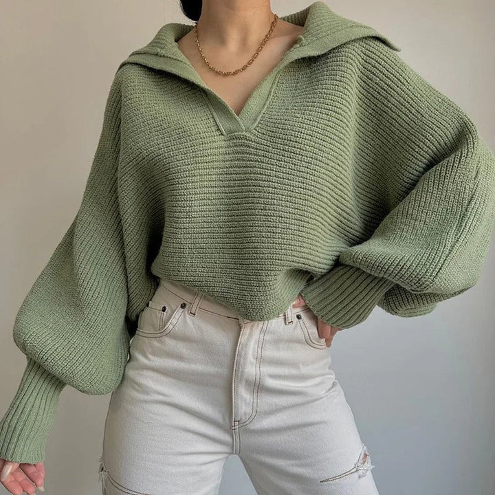 Drune | Cozy knitted sweater with lantern sleeves and open collar