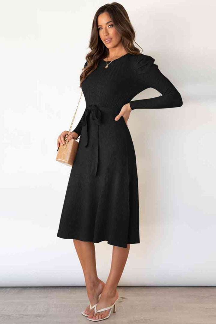 Drune | Rundhalsausschnitt Langarm Knoten Taille Pullover Kleid