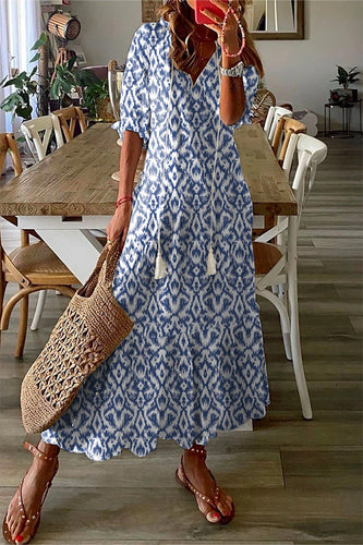 Drune | Geometrischer Druck Freizeit V-Ausschnitt Maxi-Kleid