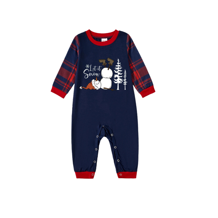 Drune | "Lass es schneien" Slogan und Schneemann bedruckte rote und blaue karierte Weihnachts-Matching-Pyjamas