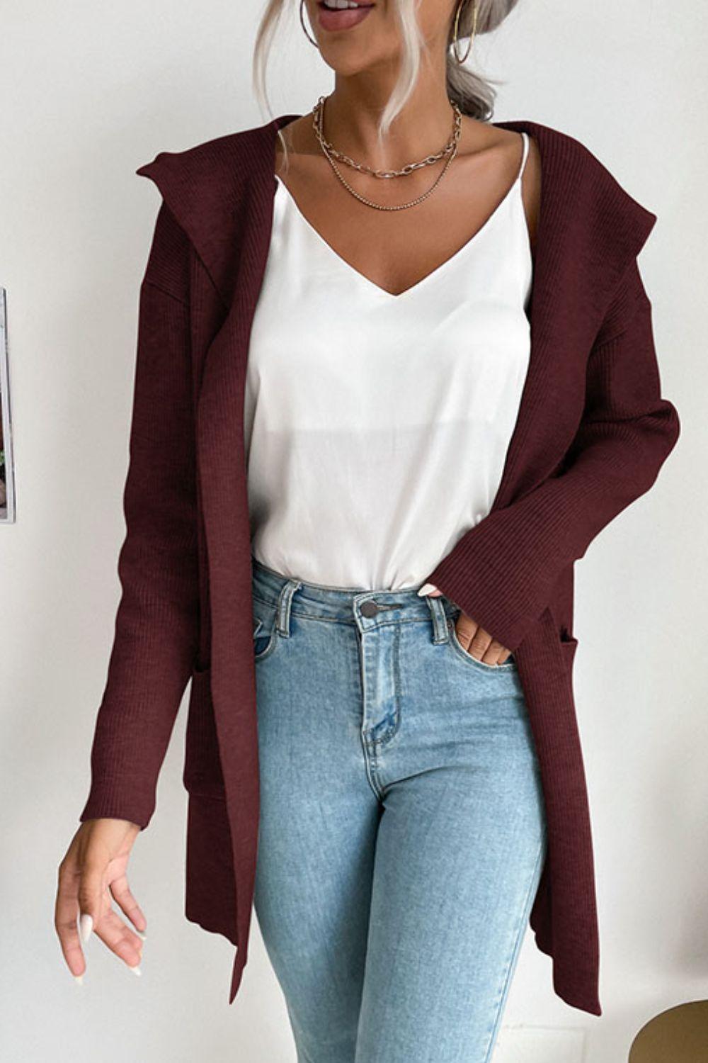 Drune | geripptes offen-front Cardigan mit Kapuze und Taschen
