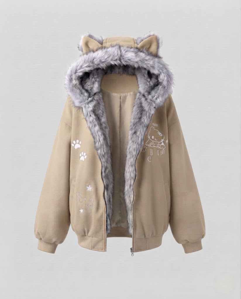 Damen oversized Hoodiejacke mit Kunstfellohren und Fleecefutter, Rundum-Reißverschluss