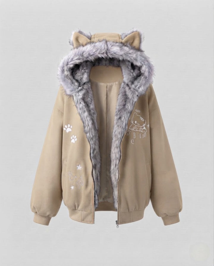 Damen oversized Hoodiejacke mit Kunstfellohren und Fleecefutter, Rundum-Reißverschluss