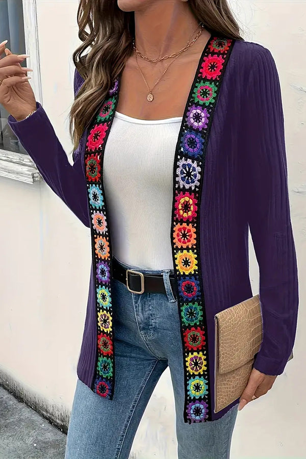 Drune | Boho knit cardigan with floral trim and long sleeves