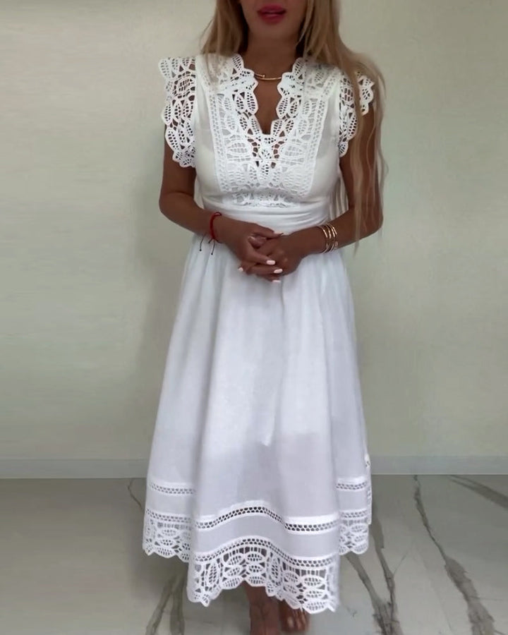 Drune | Elegantes Ärmelloses Kleid aus Einfarbiger Spitze mit V-Ausschnitt