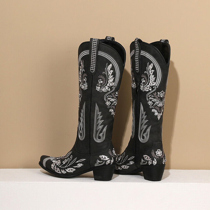 Drune | Bestickte Western Denim Retro Damen Knielange Stiefel