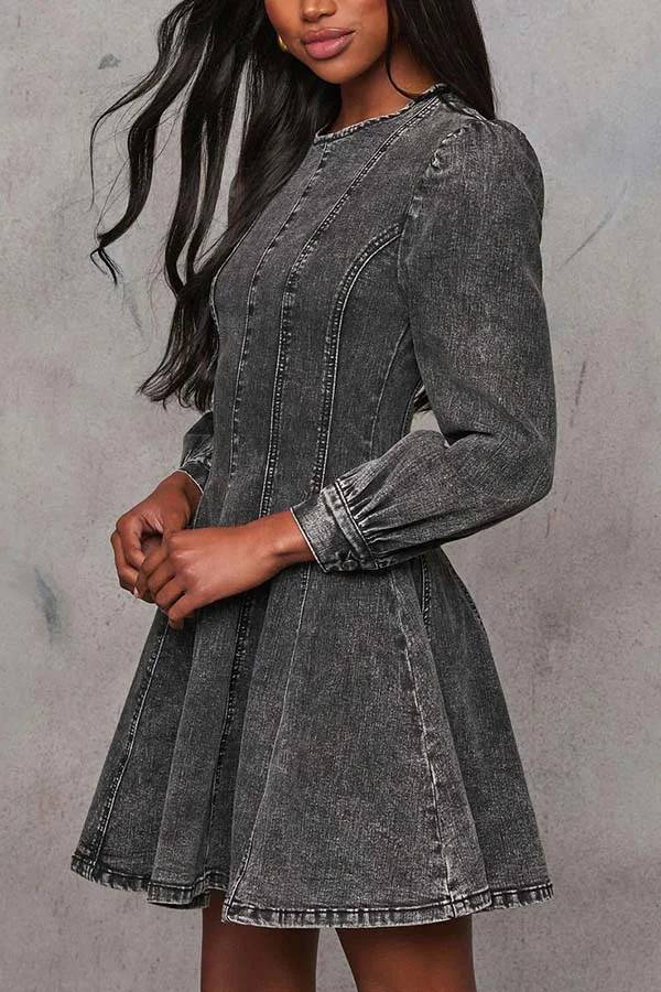 Drune | Fade Into You Denim Prinzessinnenlinie Rückenreißverschluss Flare Stretch Mini Kleid