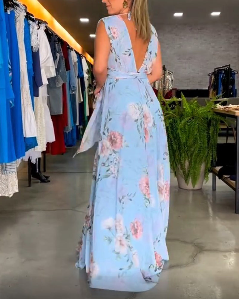 Drune | Elegantes, Ärmelloses Kleid mit Blumendruck und V-Ausschnitt