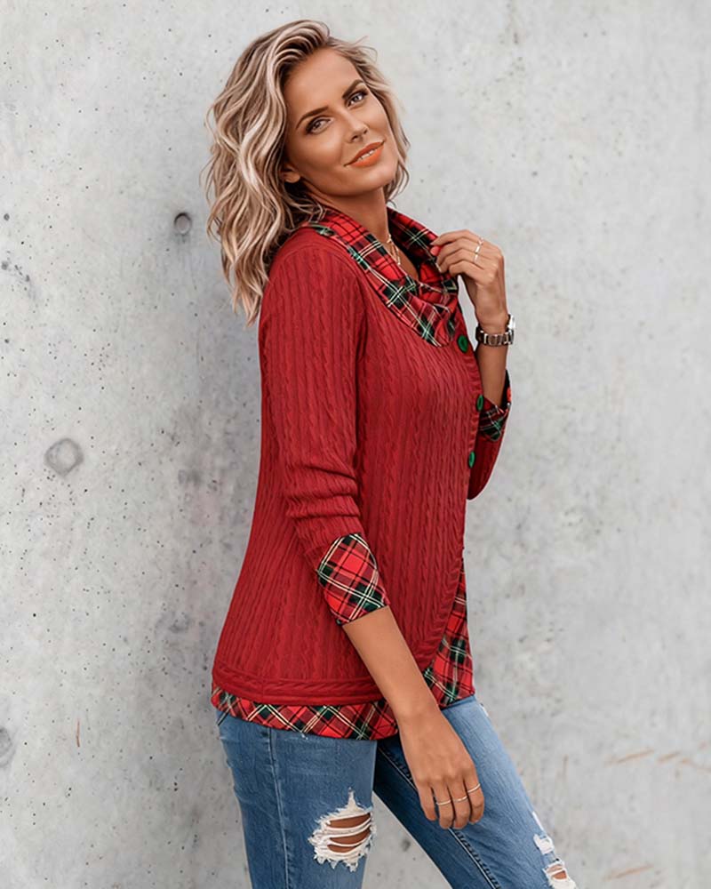 Drune | Langarm Top mit Karo Patchwork