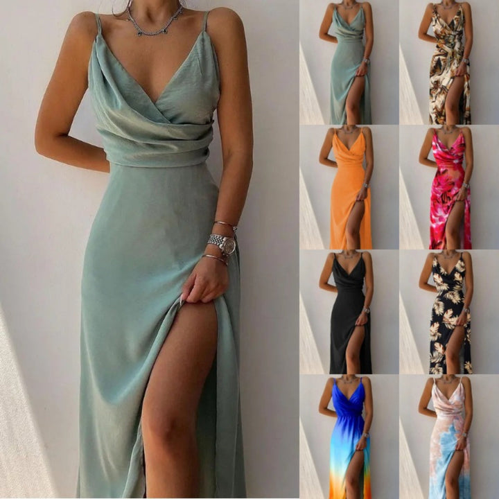 Drune | Kleid mit Hosenträgern und V-Ausschnitt mit geteiltem Print