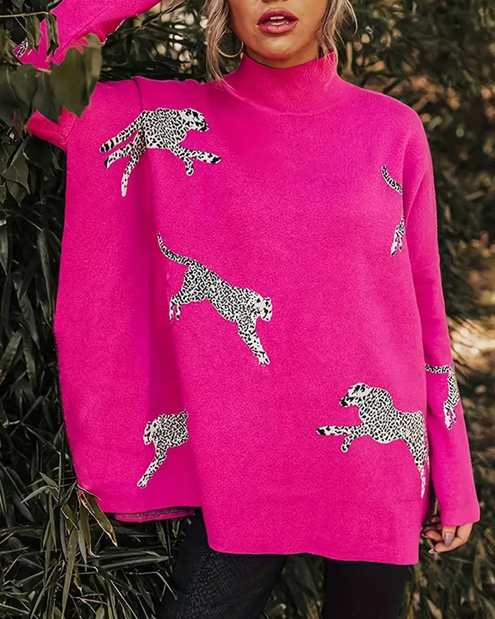 Drune | Stilvoller Lockerer Pullover mit Hohem Kragen und Leopardenmuster