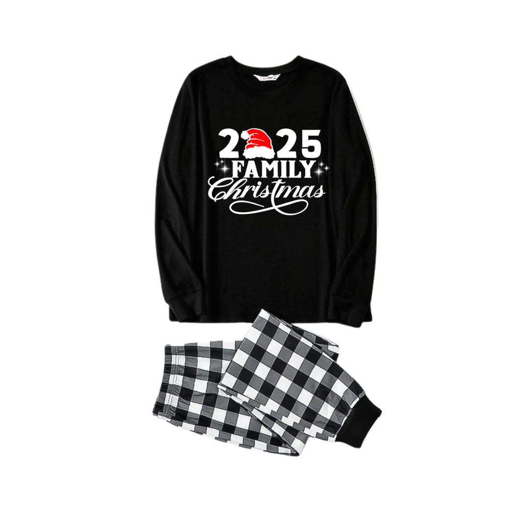 Drune | "2025 Familie Weihnachten" Buchstabenprint Schwarzes Langarmshirt mit Schwarz-Weißen Karohosen Familie Passende Schlafanzüge