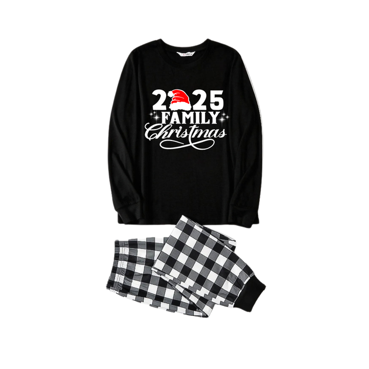 Drune | "2025 Familie Weihnachten" Buchstabenprint Schwarzes Langarmshirt mit Schwarz-Weißen Karohosen Familie Passende Schlafanzüge
