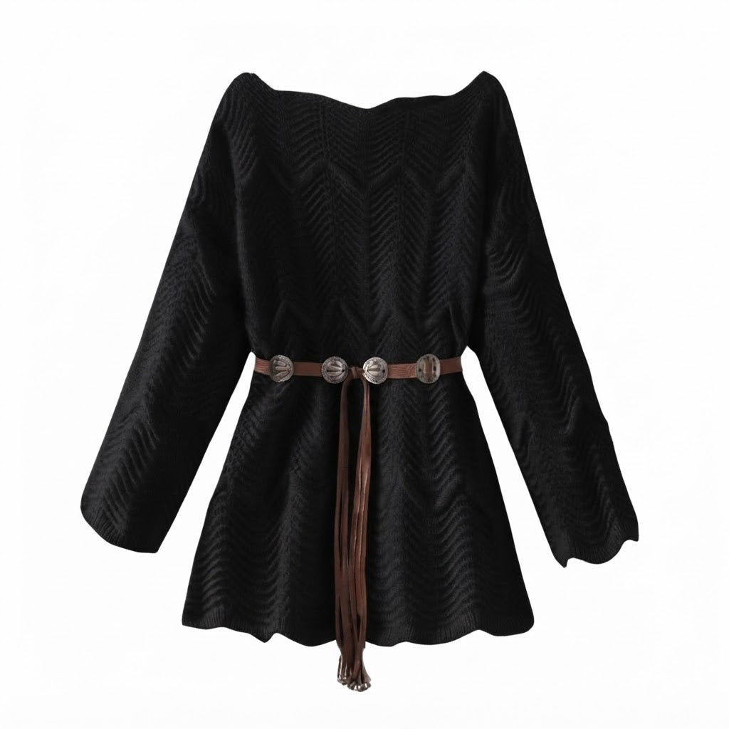 Damen Oversize-Strick-Tunika mit Zickzackstruktur und Bindegürtel Drune