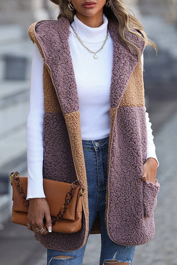 Drune | Ärmelloser Colorblock-Taschenloser Mid-Length Cardigan Puff-Velours-Jacke