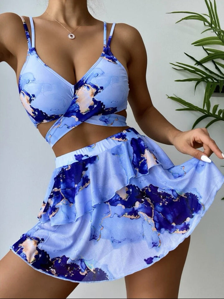 Drune | Dreiteiliges Bikini-Set mit Marmordruck