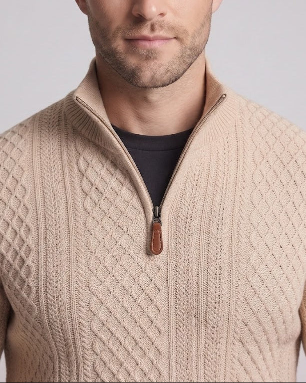 Herren strukturierter Troyer-Pullover mit kurzem Reißverschluss und Rippbündchen Drune